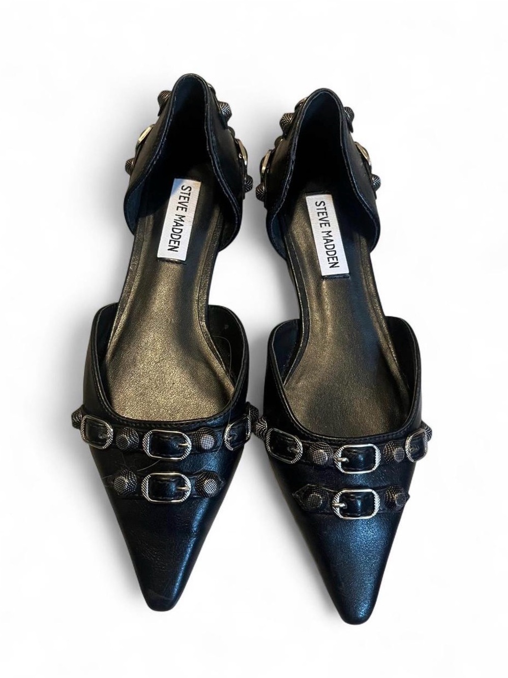 Steve Madden Black Pointed Buckle Flats with Stud Accents